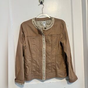 Chicos Jacket Womens 1 MediumBrown Denim Beaded Embroidered Trim Casual Blazer